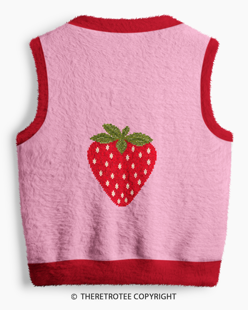 TheRetroTee Vintage 1970s Blush Strawberry Motif V-Neck Sweater Vest