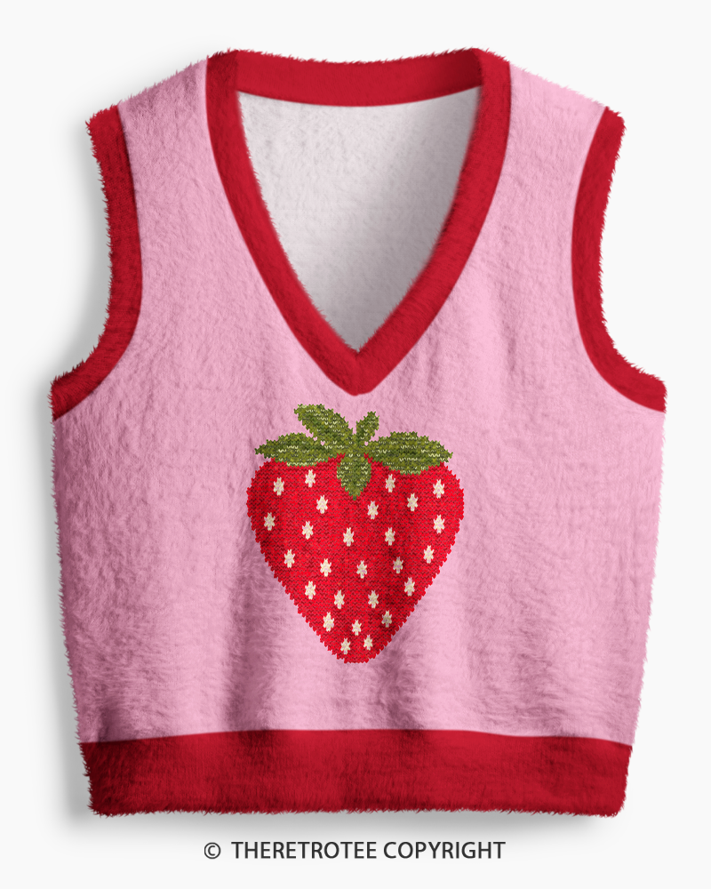 TheRetroTee Vintage 1970s Blush Strawberry Motif V-Neck Sweater Vest