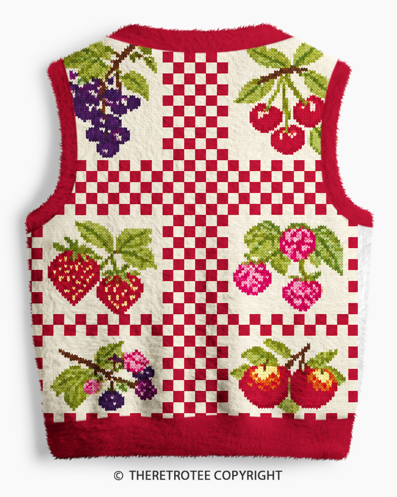 TheRetroTee Vintage 1970s Orchard Patchwork Fruit V-Neck Sweater Vest