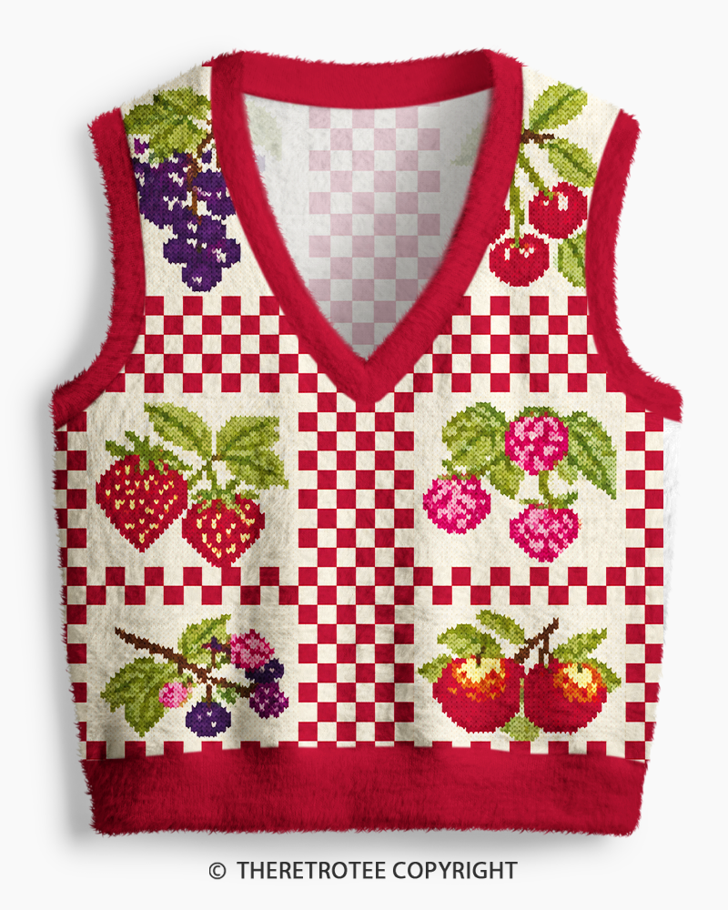 TheRetroTee Vintage 1970s Orchard Patchwork Fruit V-Neck Sweater Vest