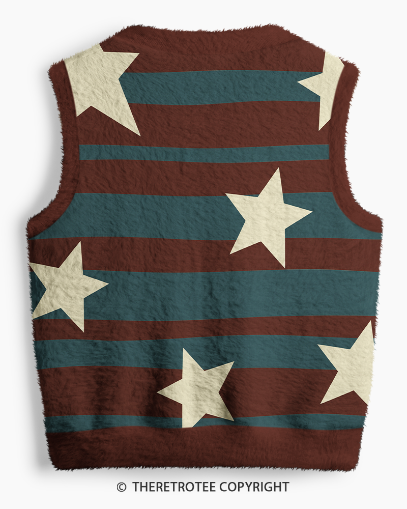 TheRetroTee Vintage 1970s Rustic Star Stripe V-Neck Sweater Vest