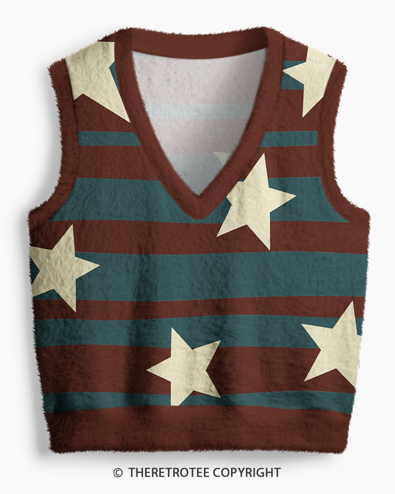 TheRetroTee Vintage 1970s Rustic Star Stripe V-Neck Sweater Vest