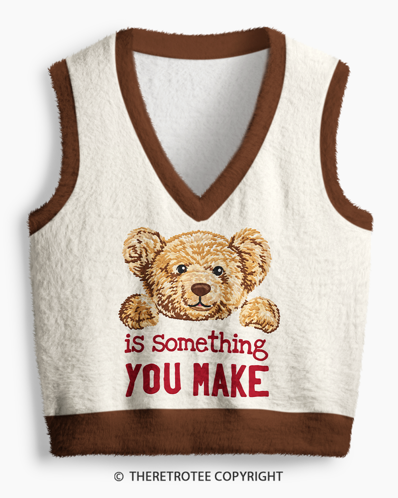 TheRetroTee Vintage 1980s Cozy Teddy Quote V-Neck Sweater Vest