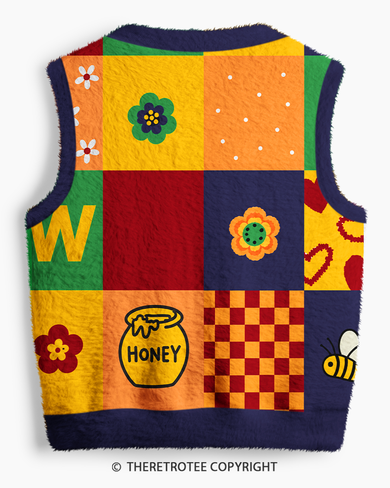 TheRetroTee Vintage 1970s Honey Bee Patchwork V-Neck Sweater Vest