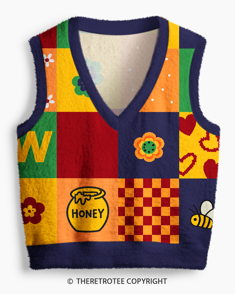 TheRetroTee Vintage 1970s Honey Bee Patchwork V-Neck Sweater Vest