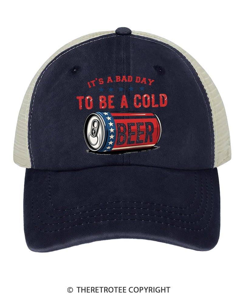 TheRetroTee It’s A Bad Day To Be A Cold Beer Grunge Distressed Sarcastic 1776 Trucker Hat