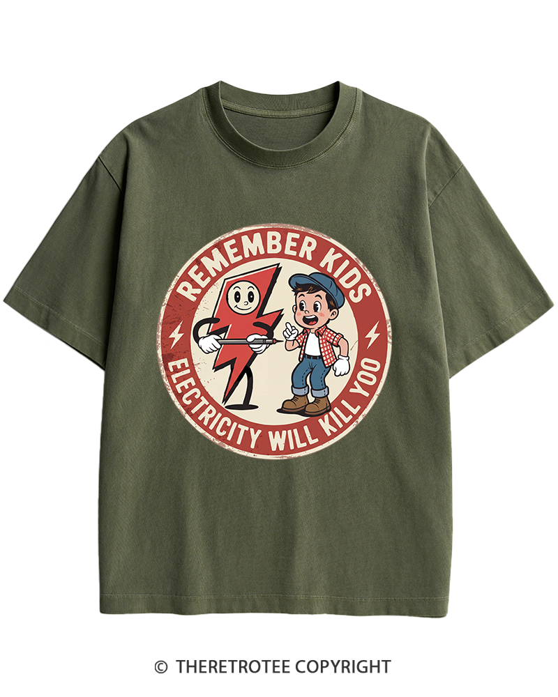 TheRetroTee Electricity Will Kill You Kids Heavy Cotton T-Shirt