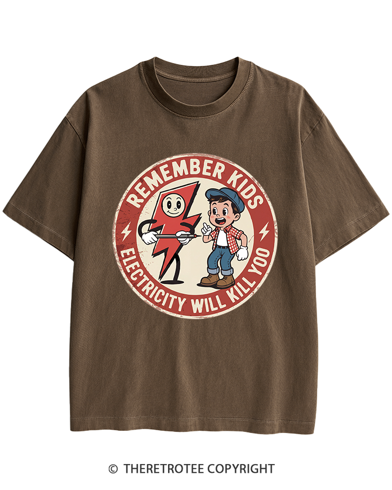 TheRetroTee Electricity Will Kill You Kids Heavy Cotton T-Shirt