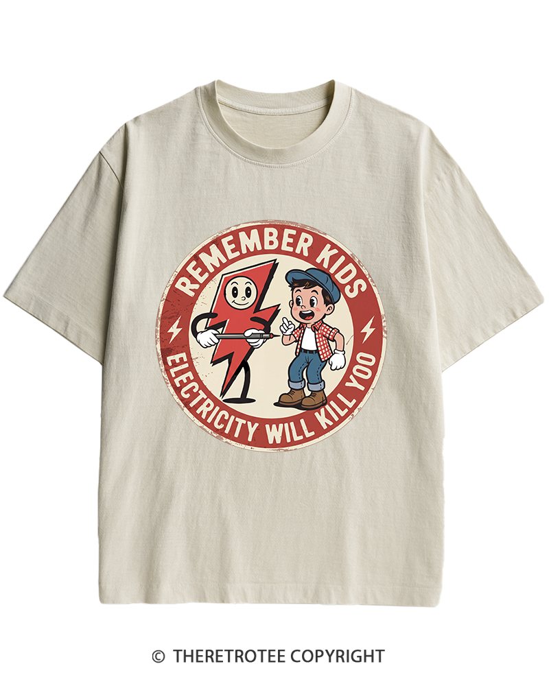 TheRetroTee Electricity Will Kill You Kids Heavy Cotton T-Shirt