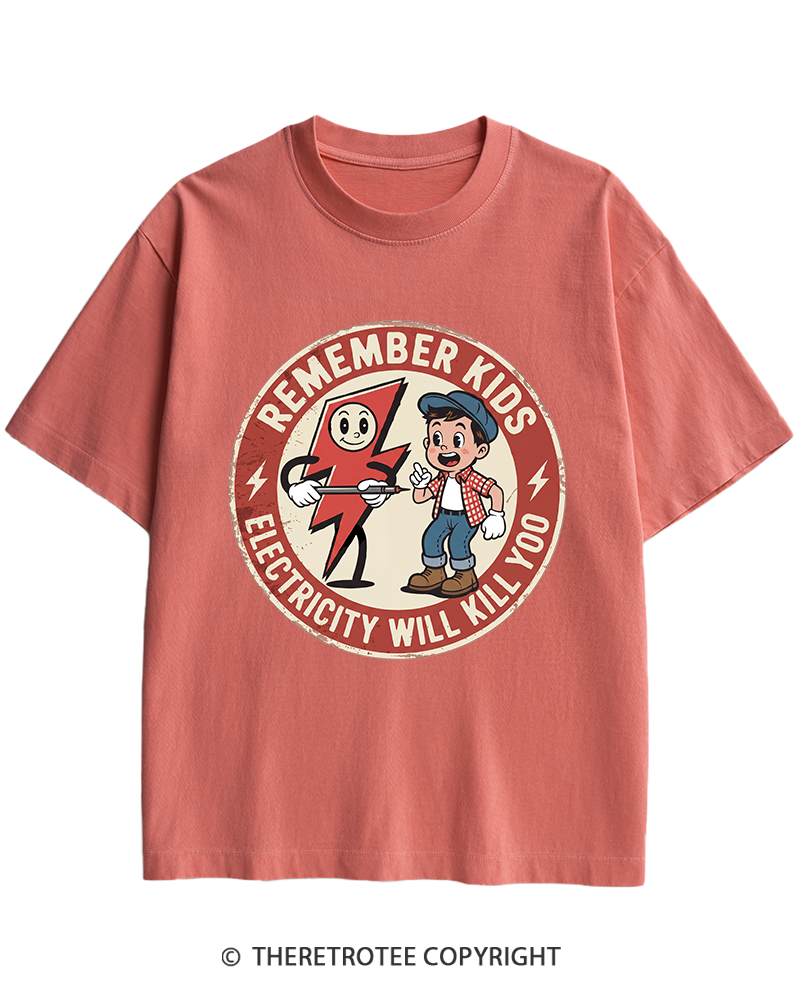 TheRetroTee Electricity Will Kill You Kids Heavy Cotton T-Shirt