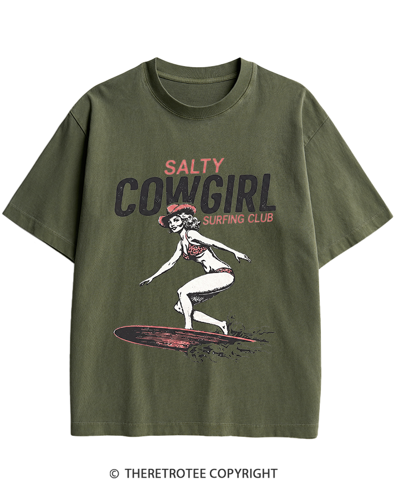 TheRetroTee Salty Cowgirl Surfing Club Heavy Cotton T-Shirt