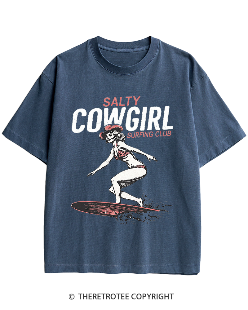 TheRetroTee Salty Cowgirl Surfing Club Heavy Cotton T-Shirt