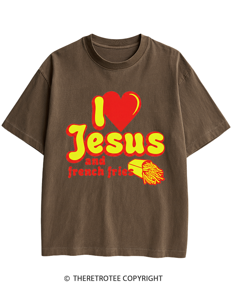 TheRetroTee I Heart Jesus And French Fries Vintage Graphic Heavy Cotton T-Shirt
