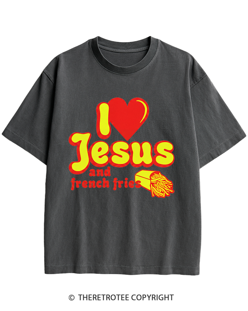 TheRetroTee I Heart Jesus And French Fries Vintage Graphic Heavy Cotton T-Shirt