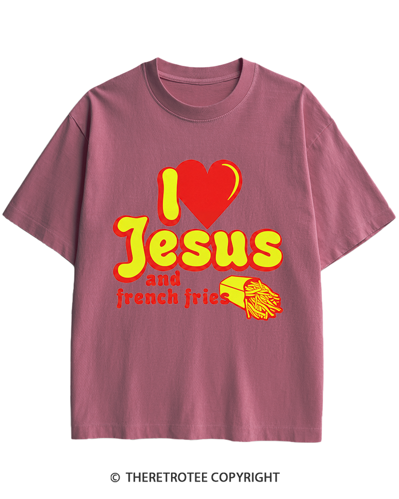 TheRetroTee I Heart Jesus And French Fries Vintage Graphic Heavy Cotton T-Shirt