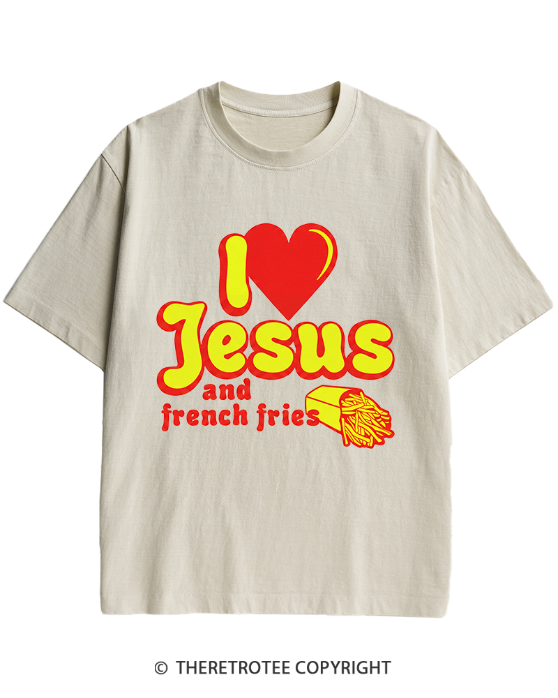 TheRetroTee I Heart Jesus And French Fries Vintage Graphic Heavy Cotton T-Shirt