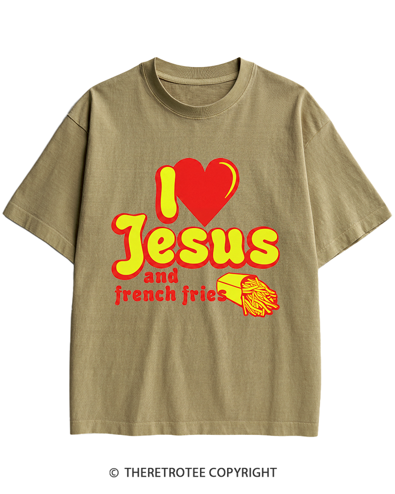 TheRetroTee I Heart Jesus And French Fries Vintage Graphic Heavy Cotton T-Shirt