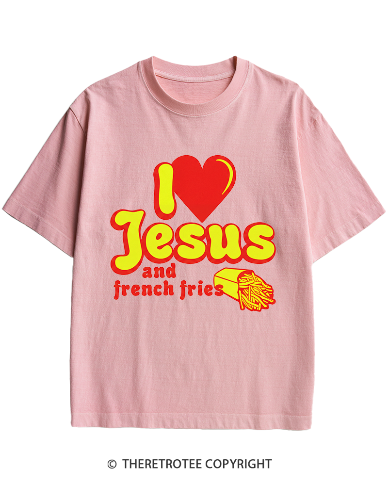 TheRetroTee I Heart Jesus And French Fries Vintage Graphic Heavy Cotton T-Shirt