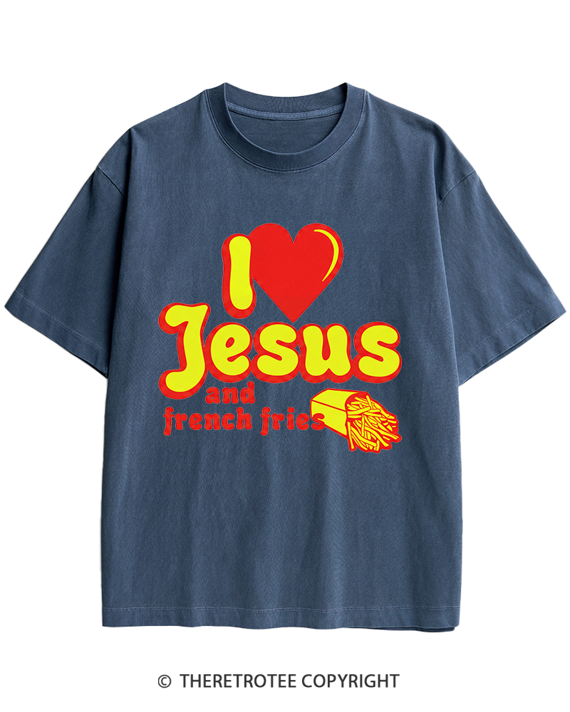 TheRetroTee I Heart Jesus And French Fries Vintage Graphic Heavy Cotton T-Shirt