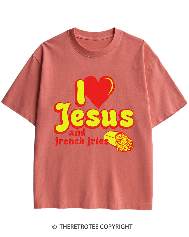 TheRetroTee I Heart Jesus And French Fries Vintage Graphic Heavy Cotton T-Shirt