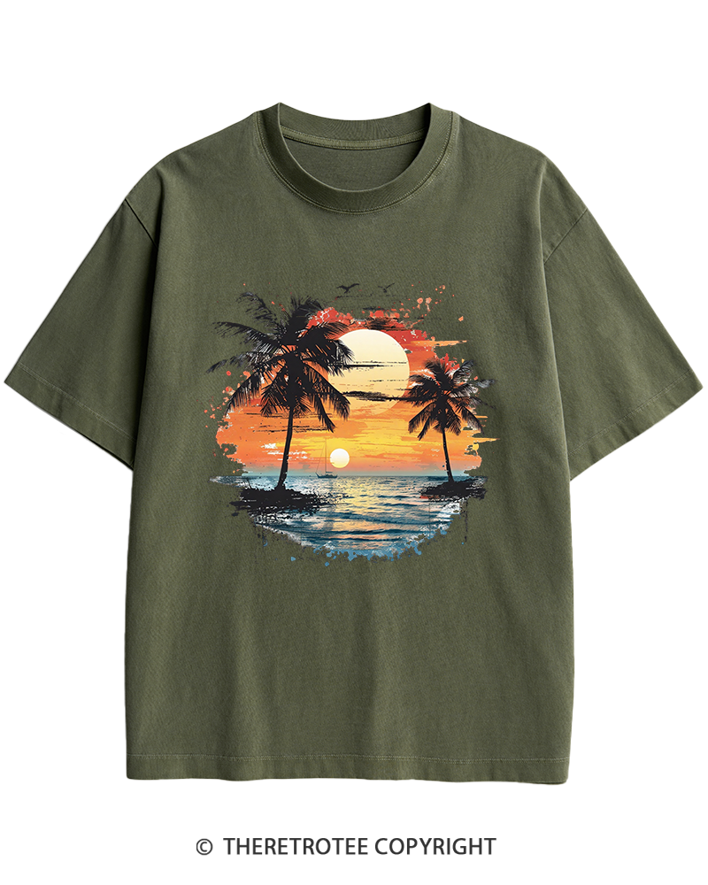 TheRetroTee Beach Sunset With Palm Trees 1980s Heavy Cotton T-Shirt