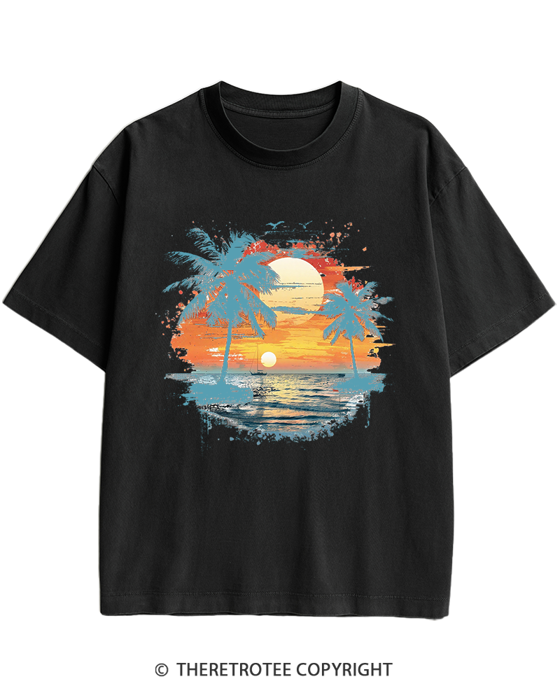 TheRetroTee Beach Sunset With Palm Trees 1980s Heavy Cotton T-Shirt