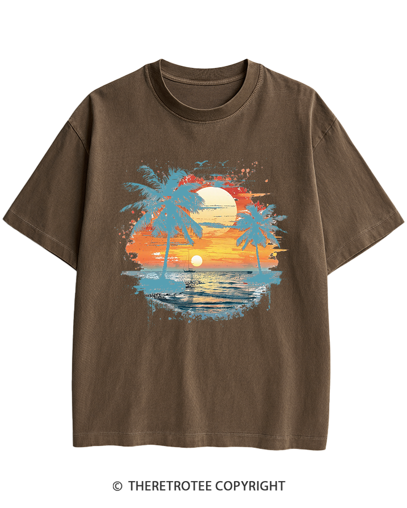 TheRetroTee Beach Sunset With Palm Trees 1980s Heavy Cotton T-Shirt