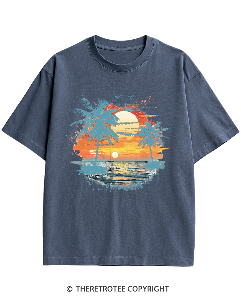 TheRetroTee Beach Sunset With Palm Trees 1980s Heavy Cotton T-Shirt