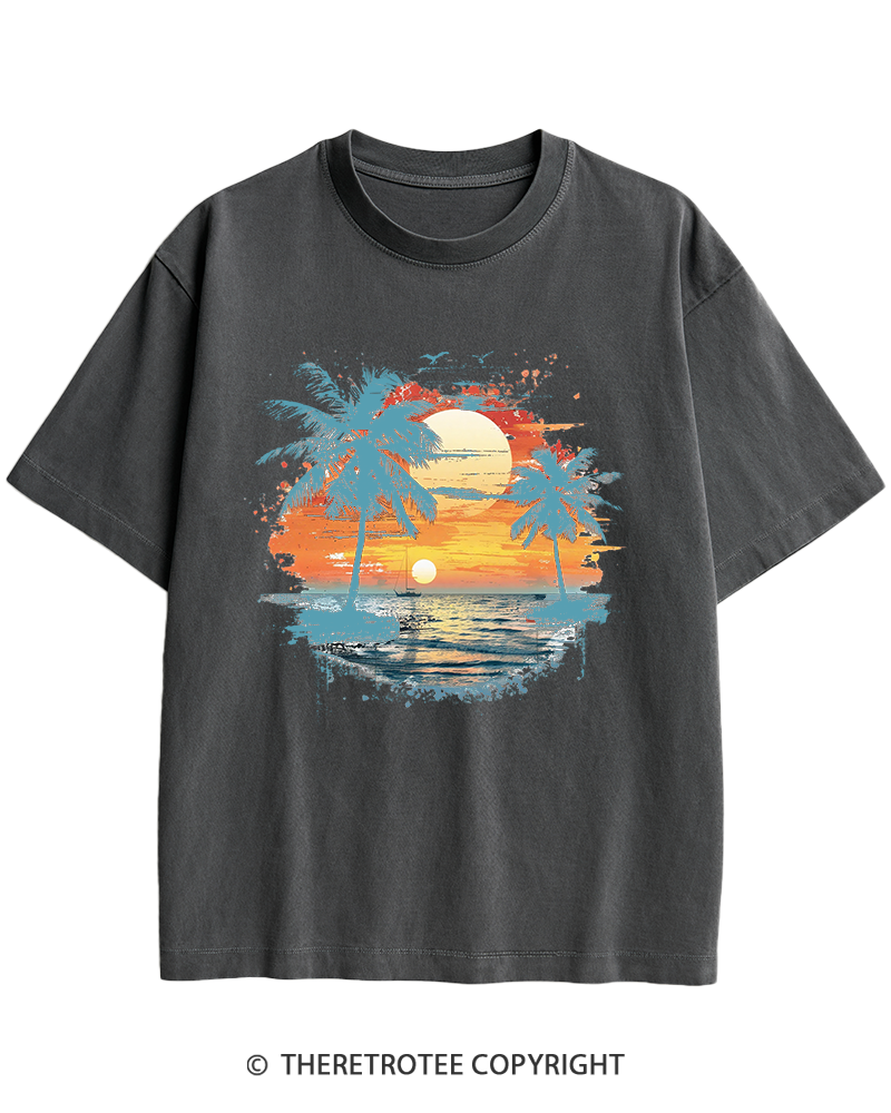 TheRetroTee Beach Sunset With Palm Trees 1980s Heavy Cotton T-Shirt