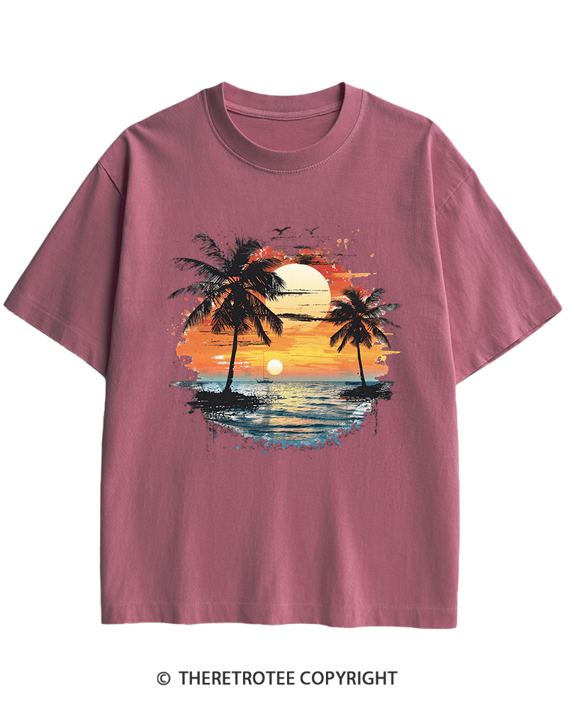 TheRetroTee Beach Sunset With Palm Trees 1980s Heavy Cotton T-Shirt