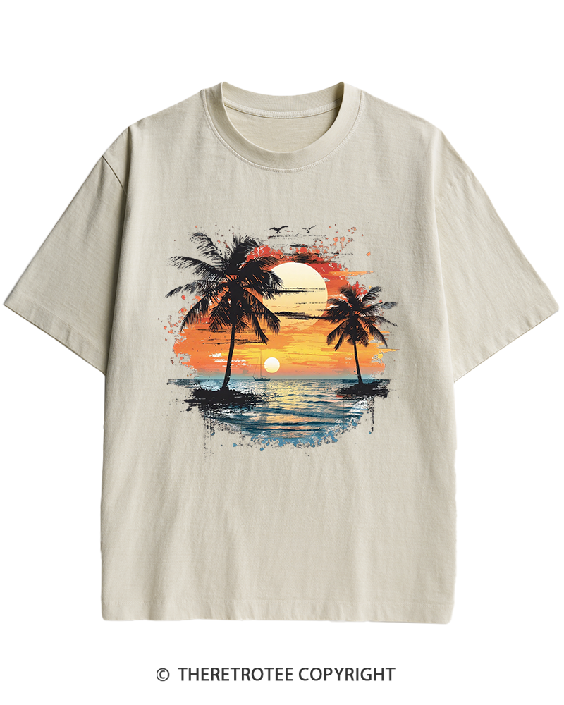 TheRetroTee Beach Sunset With Palm Trees 1980s Heavy Cotton T-Shirt