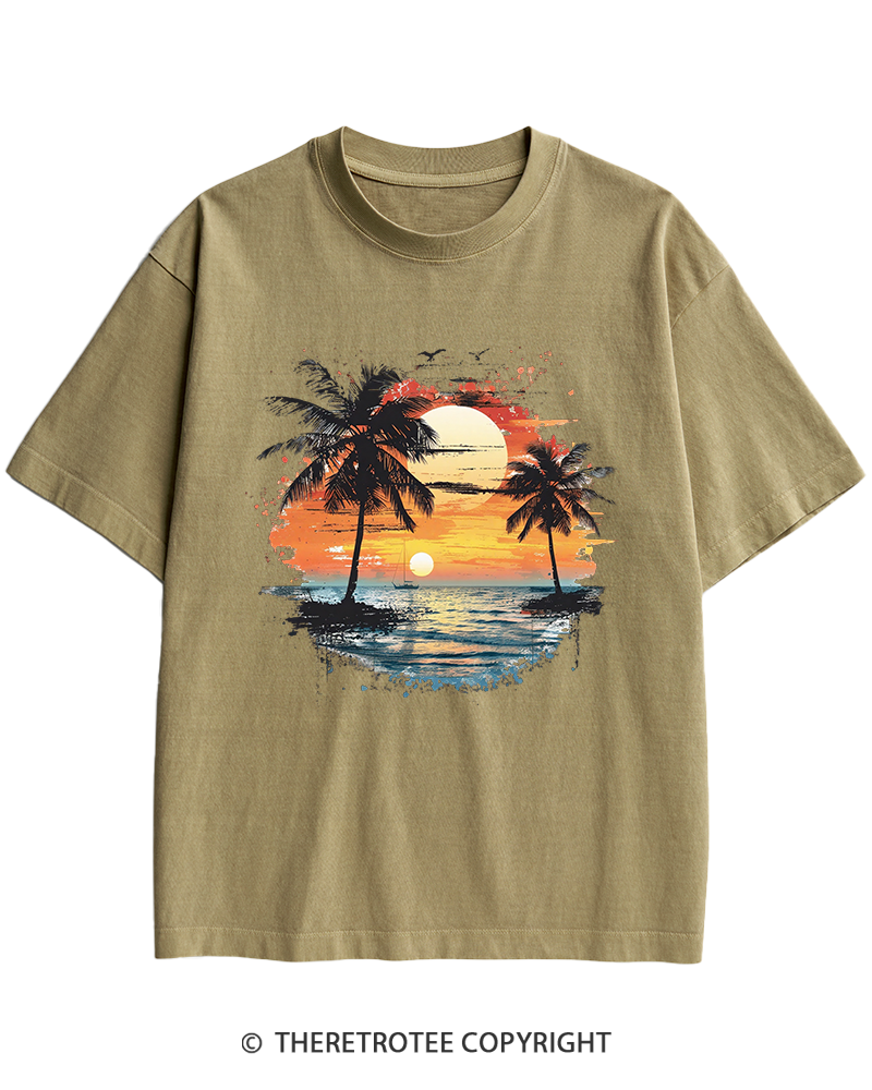 TheRetroTee Beach Sunset With Palm Trees 1980s Heavy Cotton T-Shirt