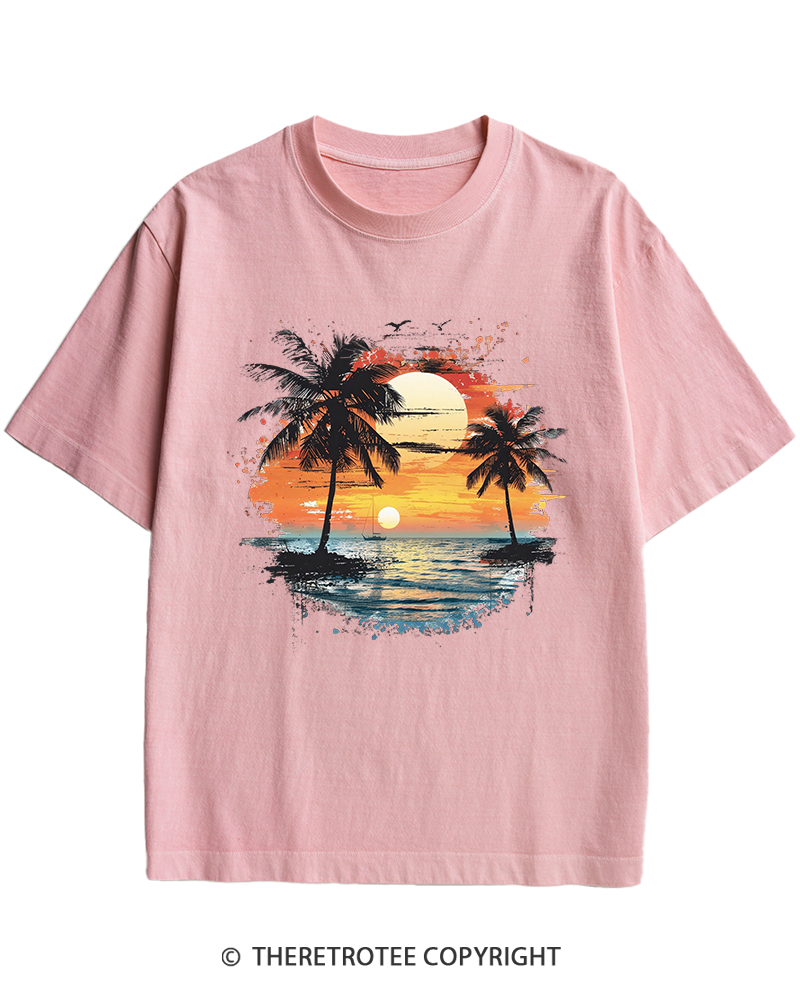 TheRetroTee Beach Sunset With Palm Trees 1980s Heavy Cotton T-Shirt