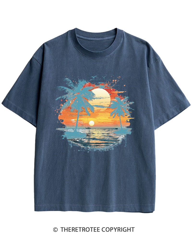 TheRetroTee Beach Sunset With Palm Trees 1980s Heavy Cotton T-Shirt