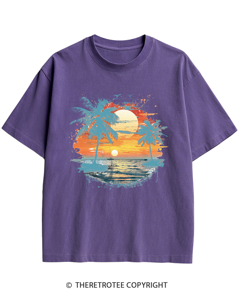 TheRetroTee Beach Sunset With Palm Trees 1980s Heavy Cotton T-Shirt