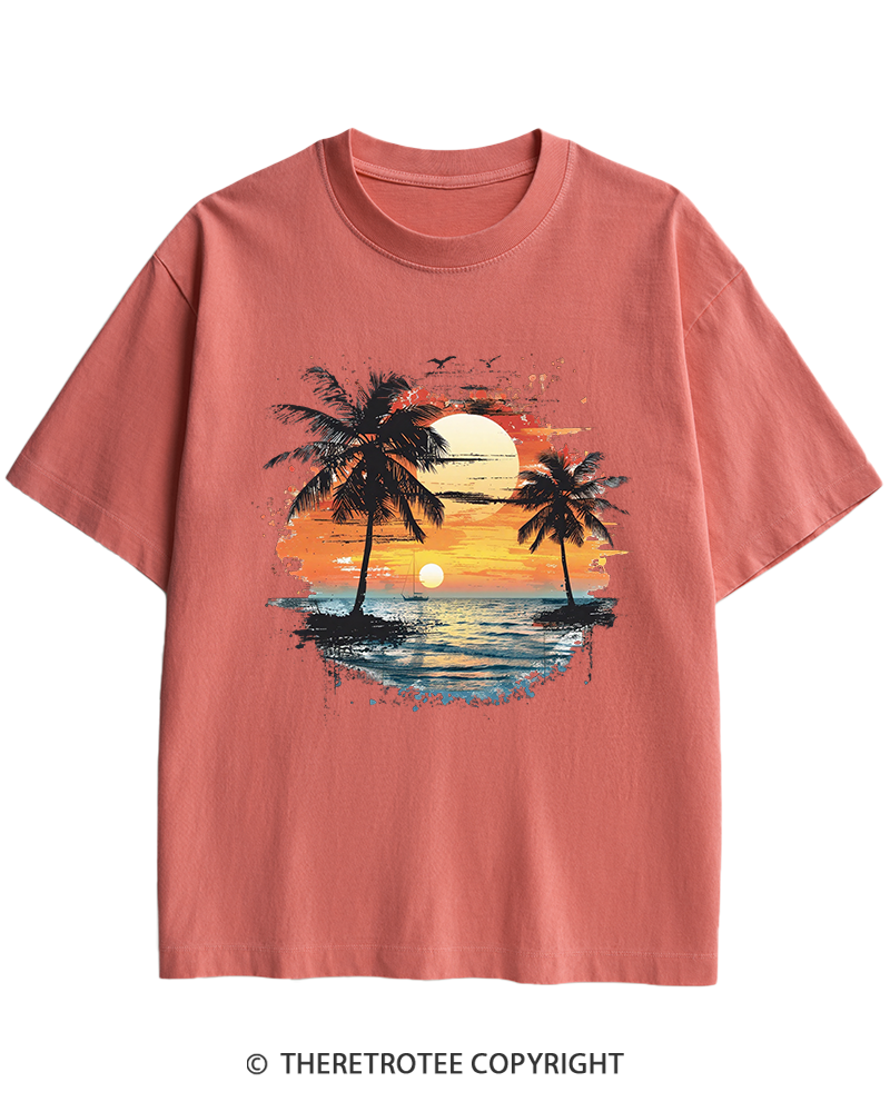 TheRetroTee Beach Sunset With Palm Trees 1980s Heavy Cotton T-Shirt