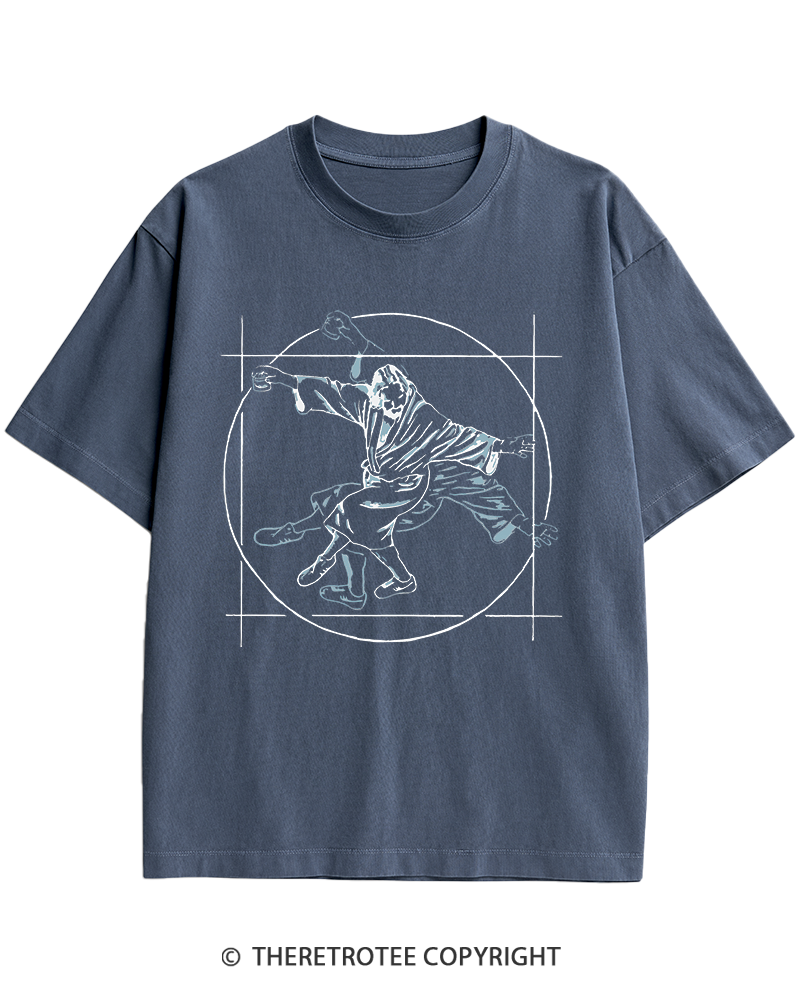 TheRetroTee Vitruvian Dude Blue Big Lebowski The Dude Tai Chi Heavy Cotton T-Shirt