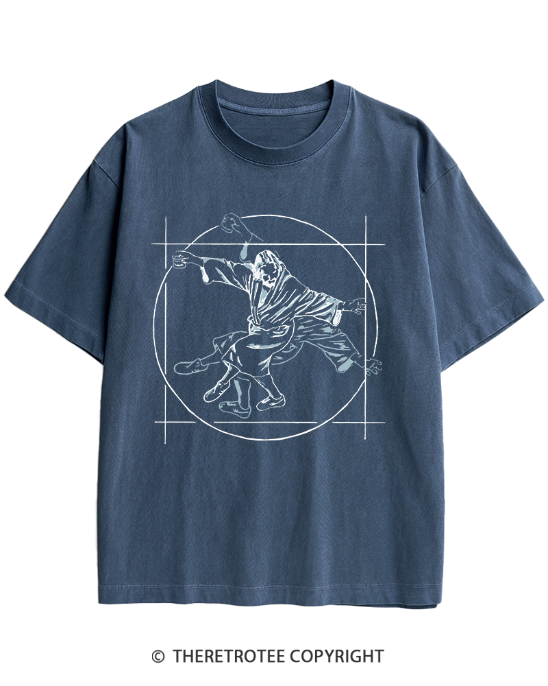 TheRetroTee Vitruvian Dude Blue Big Lebowski The Dude Tai Chi Heavy Cotton T-Shirt