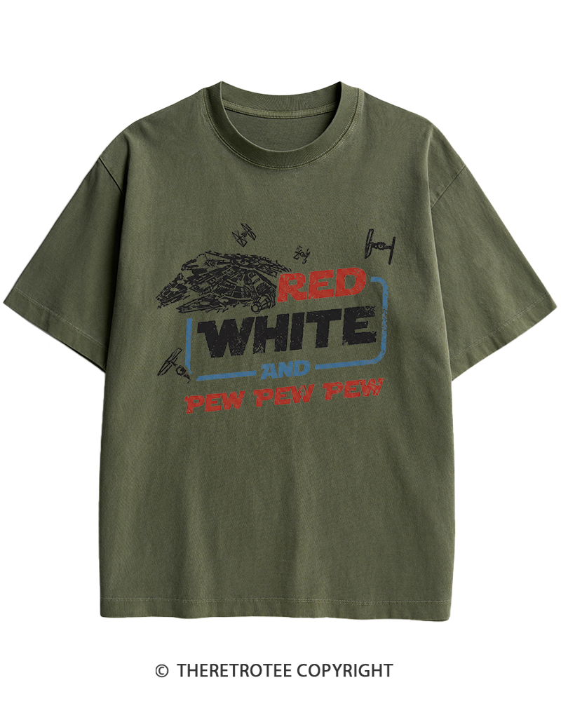 TheRetroTee Red White And Pew Pew Pew 1980s Heavy Cotton T-Shirt