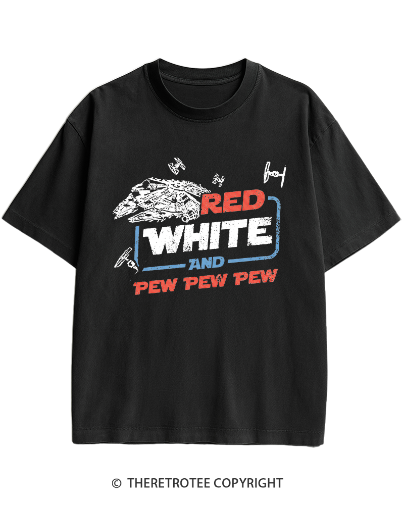 TheRetroTee Red White And Pew Pew Pew 1980s Heavy Cotton T-Shirt
