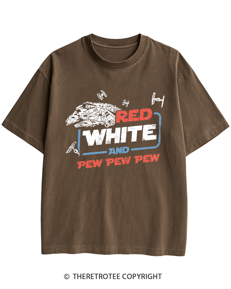 TheRetroTee Red White And Pew Pew Pew 1980s Heavy Cotton T-Shirt