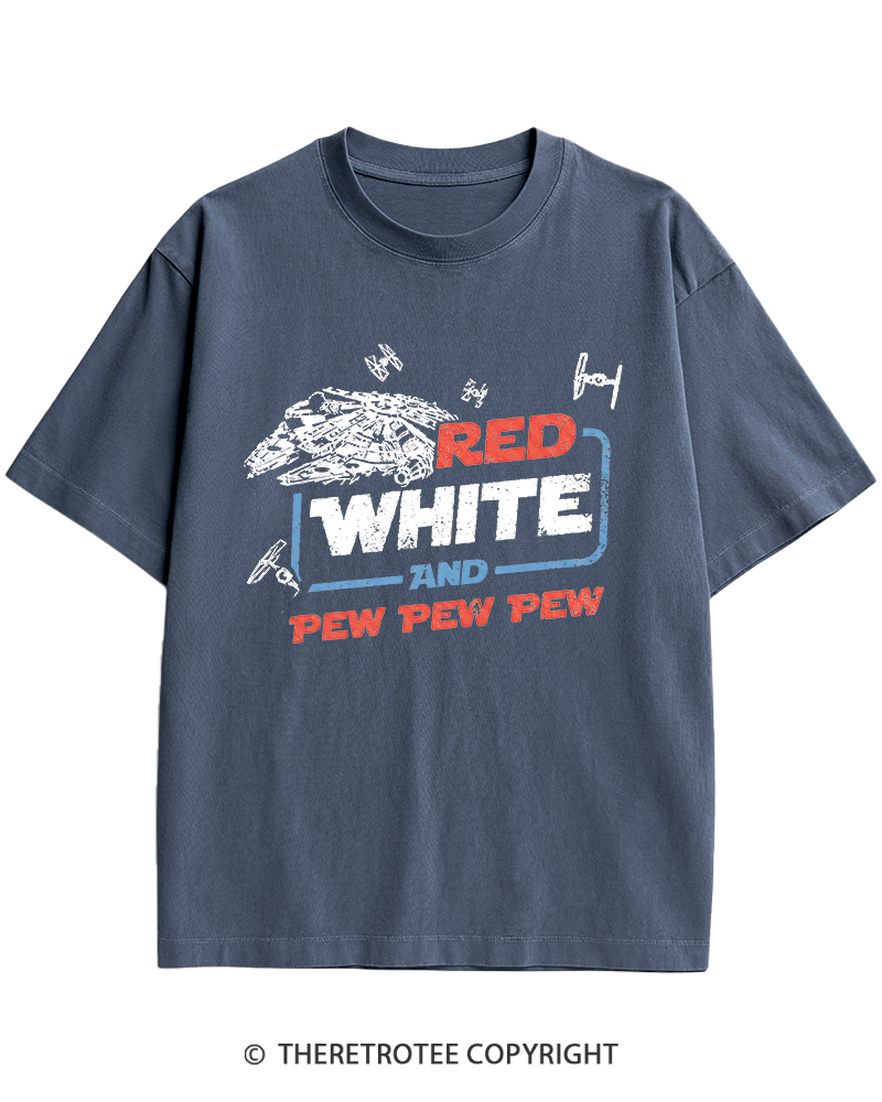 TheRetroTee Red White And Pew Pew Pew 1980s Heavy Cotton T-Shirt