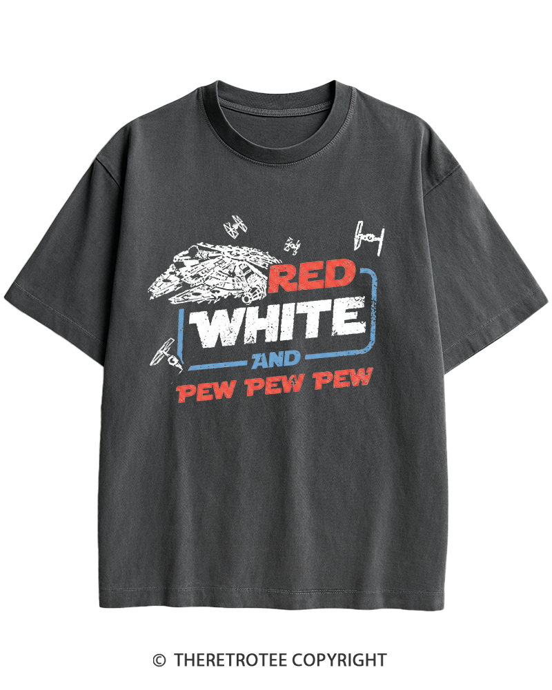 TheRetroTee Red White And Pew Pew Pew 1980s Heavy Cotton T-Shirt