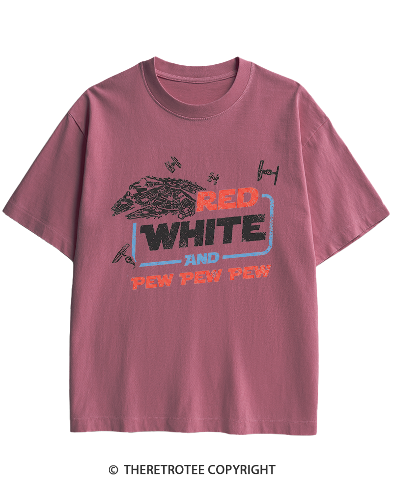 TheRetroTee Red White And Pew Pew Pew 1980s Heavy Cotton T-Shirt