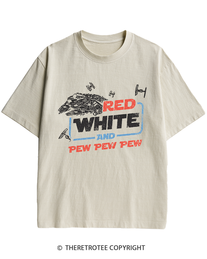 TheRetroTee Red White And Pew Pew Pew 1980s Heavy Cotton T-Shirt