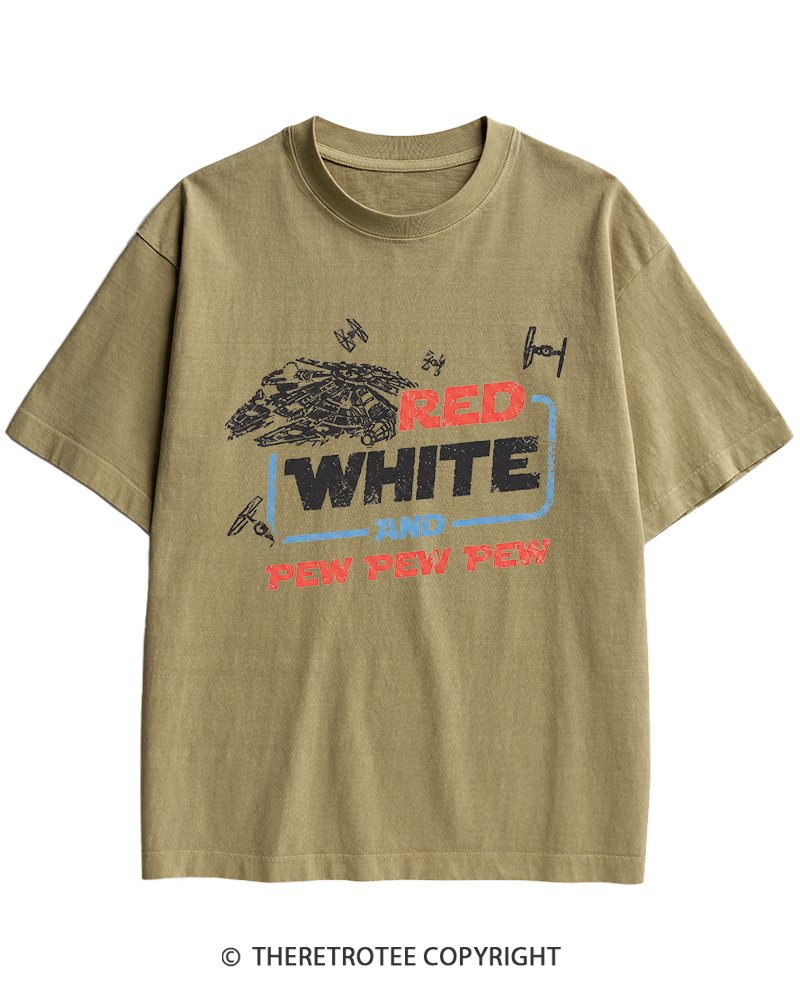 TheRetroTee Red White And Pew Pew Pew 1980s Heavy Cotton T-Shirt