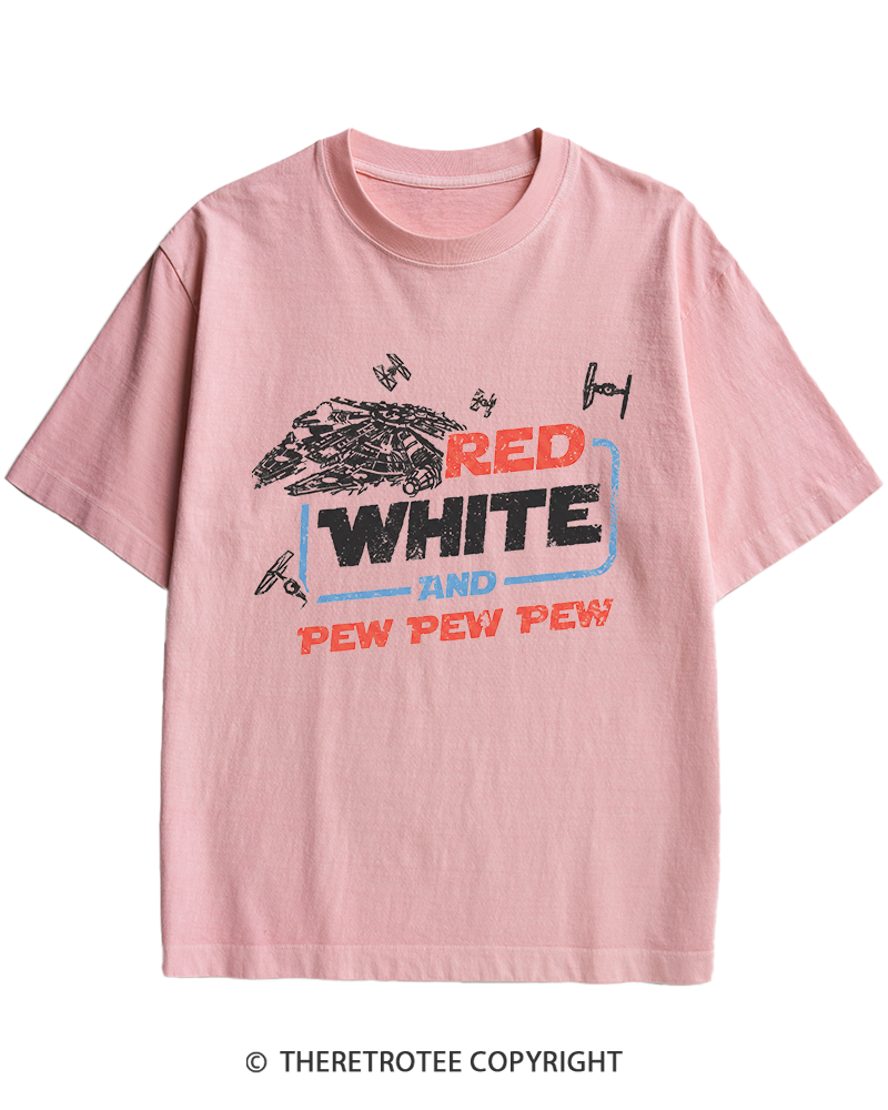 TheRetroTee Red White And Pew Pew Pew 1980s Heavy Cotton T-Shirt