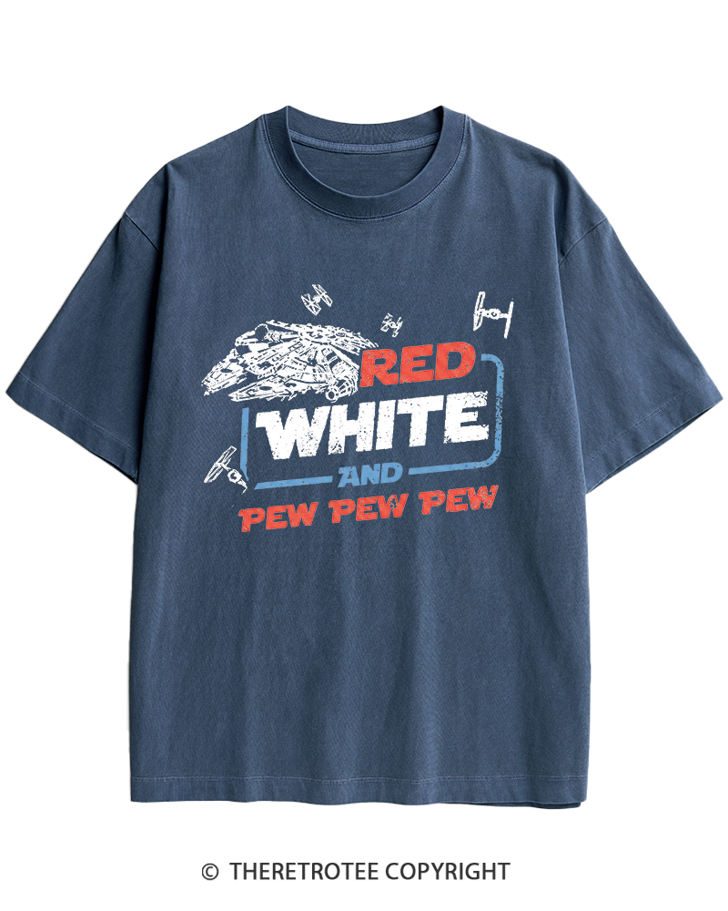 TheRetroTee Red White And Pew Pew Pew 1980s Heavy Cotton T-Shirt