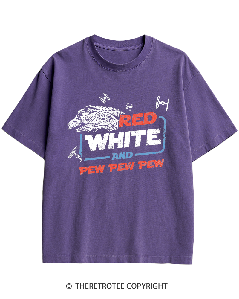 TheRetroTee Red White And Pew Pew Pew 1980s Heavy Cotton T-Shirt