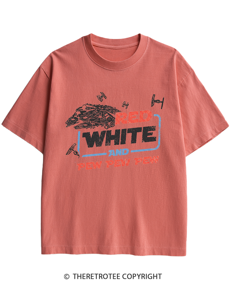 TheRetroTee Red White And Pew Pew Pew 1980s Heavy Cotton T-Shirt